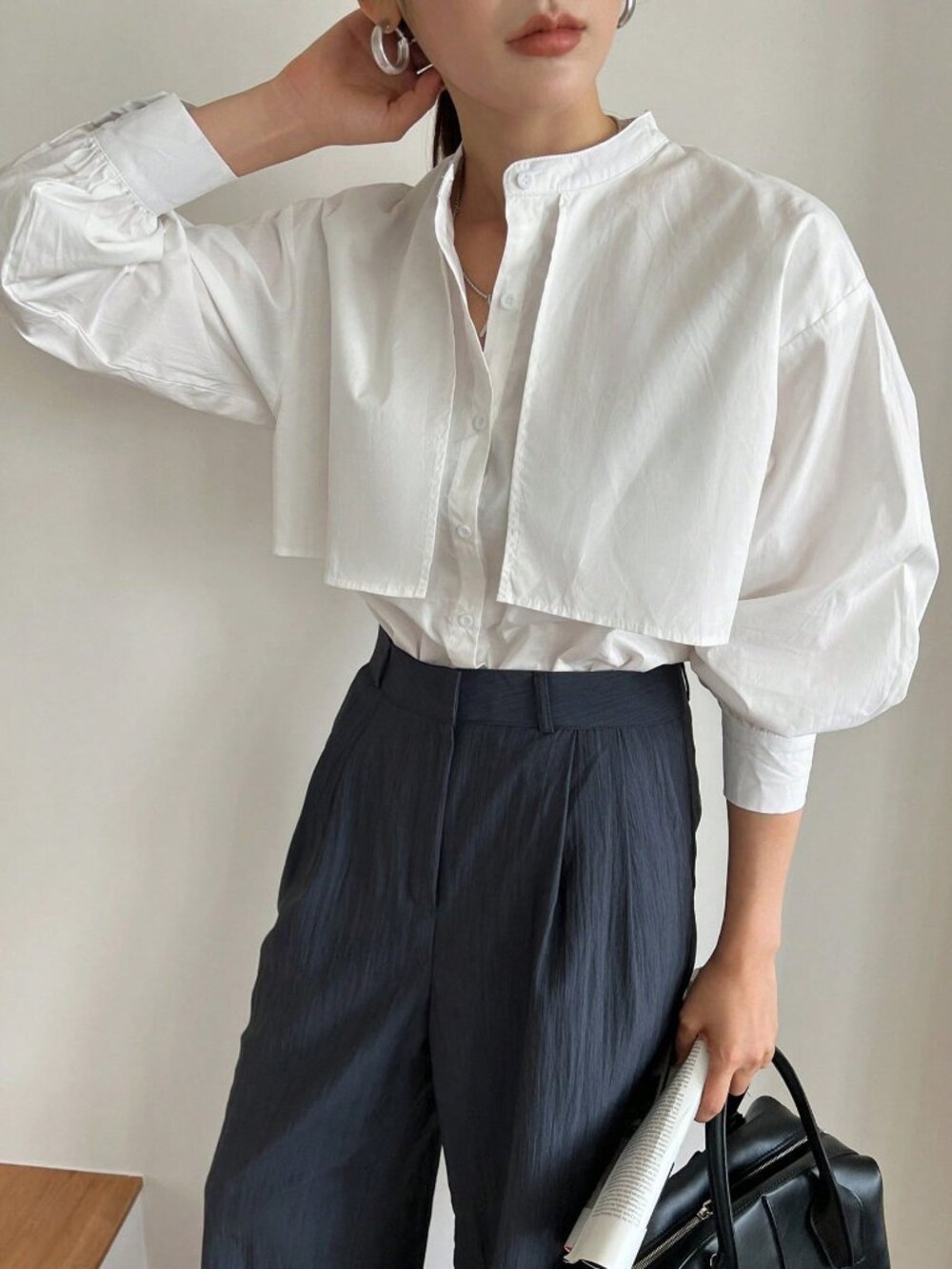 White Casual Oversized Drop Shoulder Button Stand Collar Long Sleeve Shirt - Picture 7 of 12